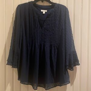 Charter Club Clip Dot & Double Ruffle Pintuck  Blouse- Navy- L